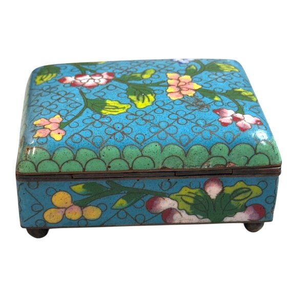 Vintage Cloisonné Floral Trinket Box Handcrafted Blue Enamel Jewelry Keepsake 3" - Picture 6 of 10